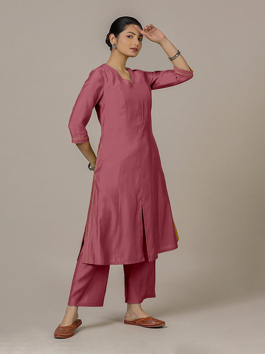 Mahek x Rozaana Kurta, in Pink Viscose, featuring three quarter sleeves and v-neckline, made for daily & work (view 7).