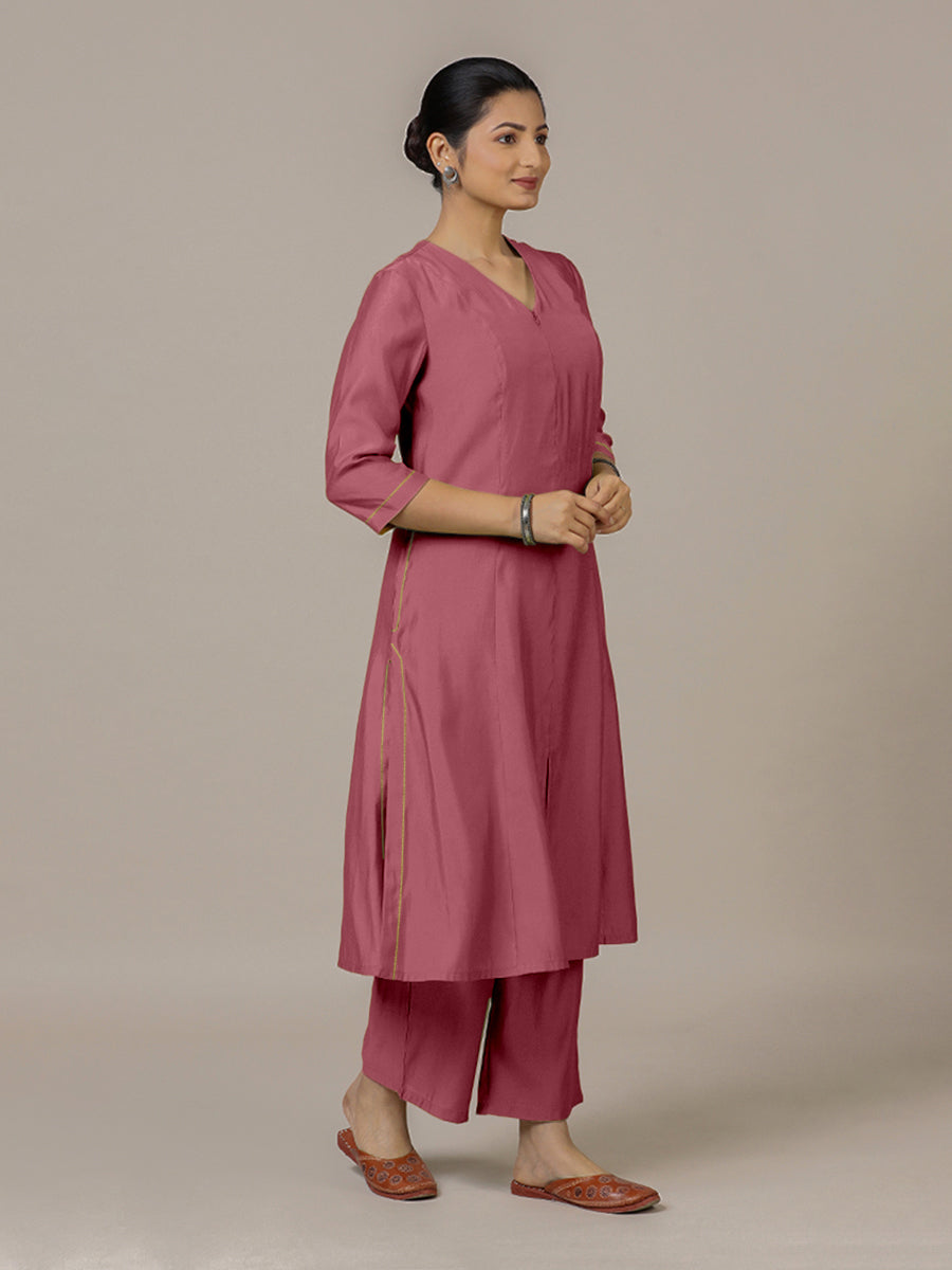 Mahek x Rozaana Kurta, in Pink Viscose, featuring three quarter sleeves and v-neckline, made for daily & work (view 8).