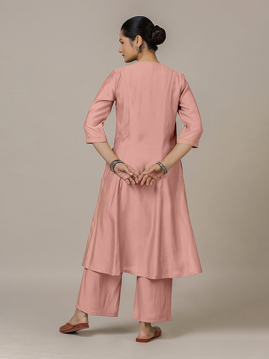 Mahek x Rozaana Kurta, in Pink Viscose, featuring three quarter sleeves and v-neckline, made for daily & work (view 2).