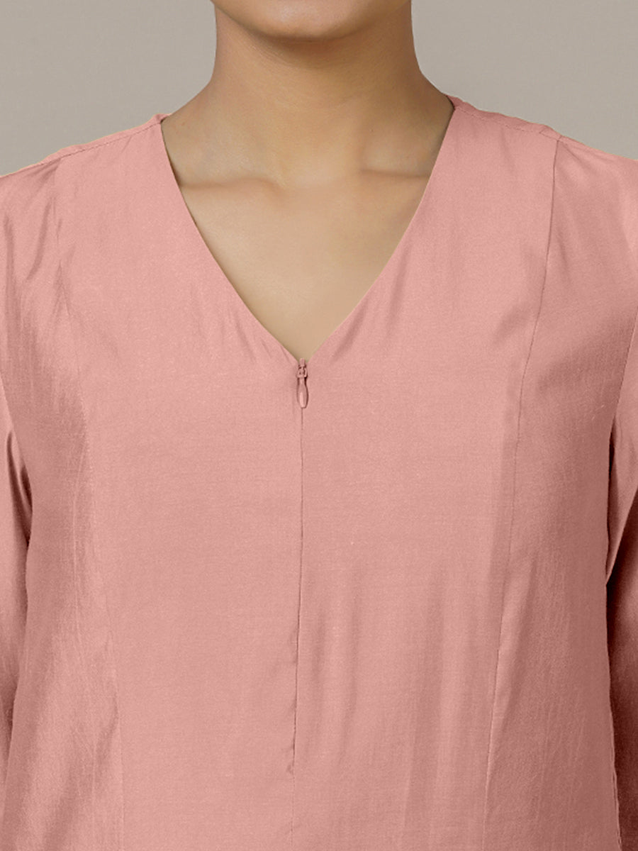 Mahek x Rozaana Kurta, in Pink Viscose, featuring three quarter sleeves and v-neckline, made for daily & work (view 3).