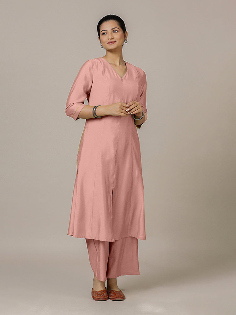 Mahek x Rozaana Kurta, in Pink Viscose, featuring three quarter sleeves and v-neckline, made for daily & work (view 5).