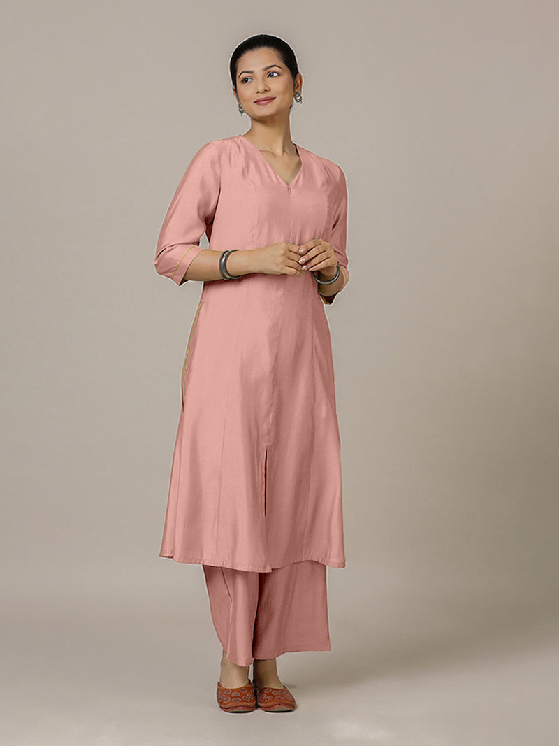 Mahek x Rozaana | A Line Kurta in Sea Pink with Thread Work | Coords or Only Kurta-Binks