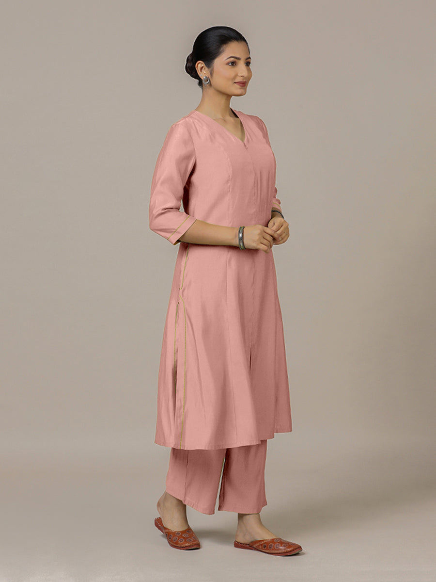 Mahek x Rozaana Kurta, in Pink Viscose, featuring three quarter sleeves and v-neckline, made for daily & work (view 7).