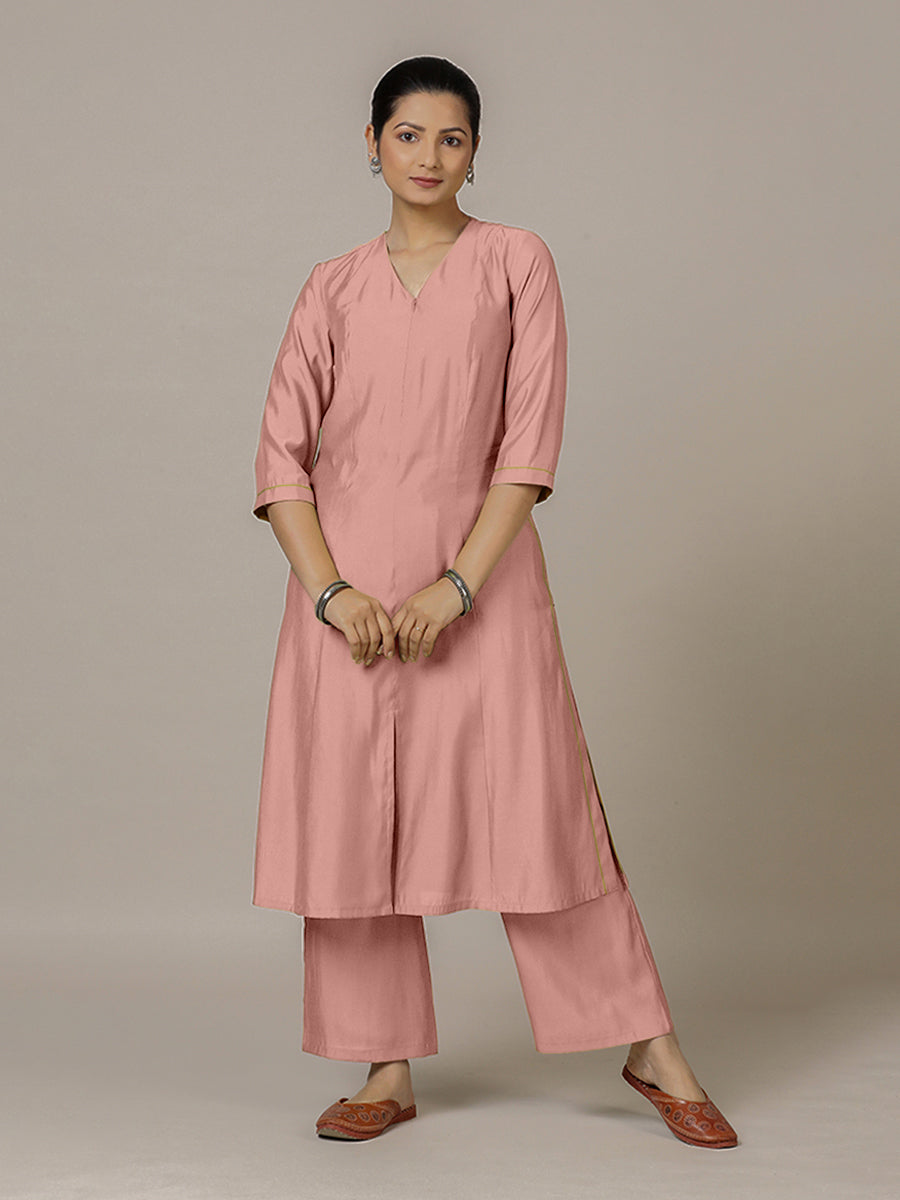 Mahek x Rozaana Kurta, in Pink Viscose, featuring three quarter sleeves and v-neckline, made for daily & work (view 8).
