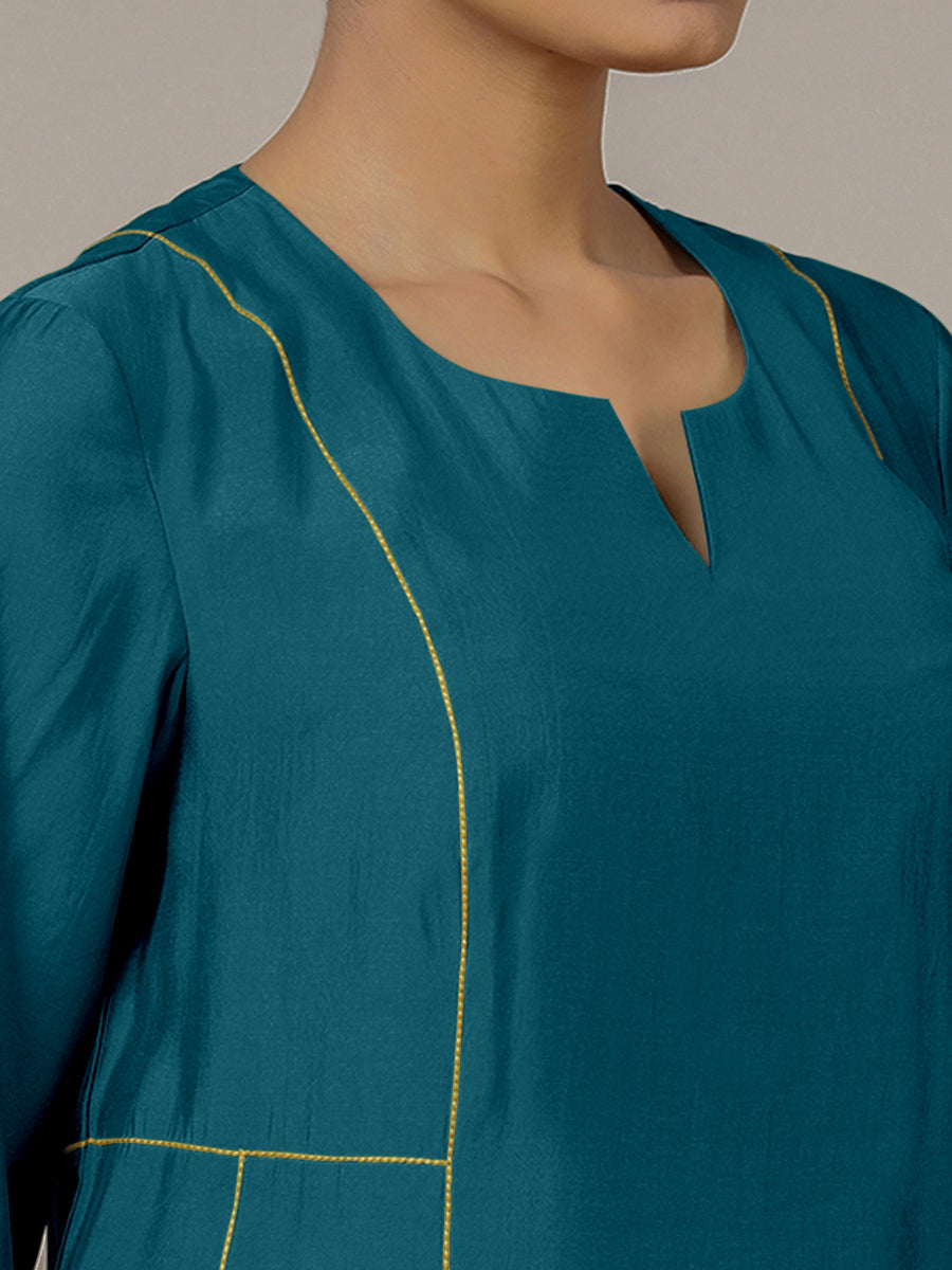 Mahi x Rozaana Kurta, in Green Viscose, featuring three quarter sleeves and round neck with splitline, made for daily & work.