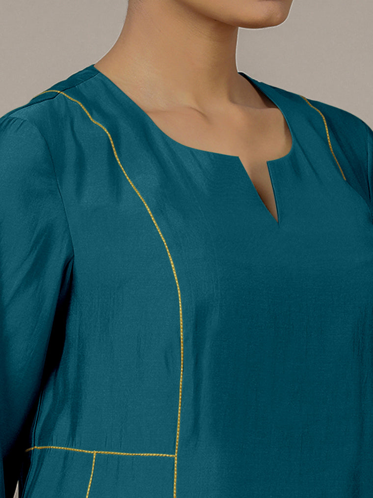 Mahi x Rozaana Kurta, in Green Viscose, featuring three quarter sleeves and round neck with splitline, made for daily & work.