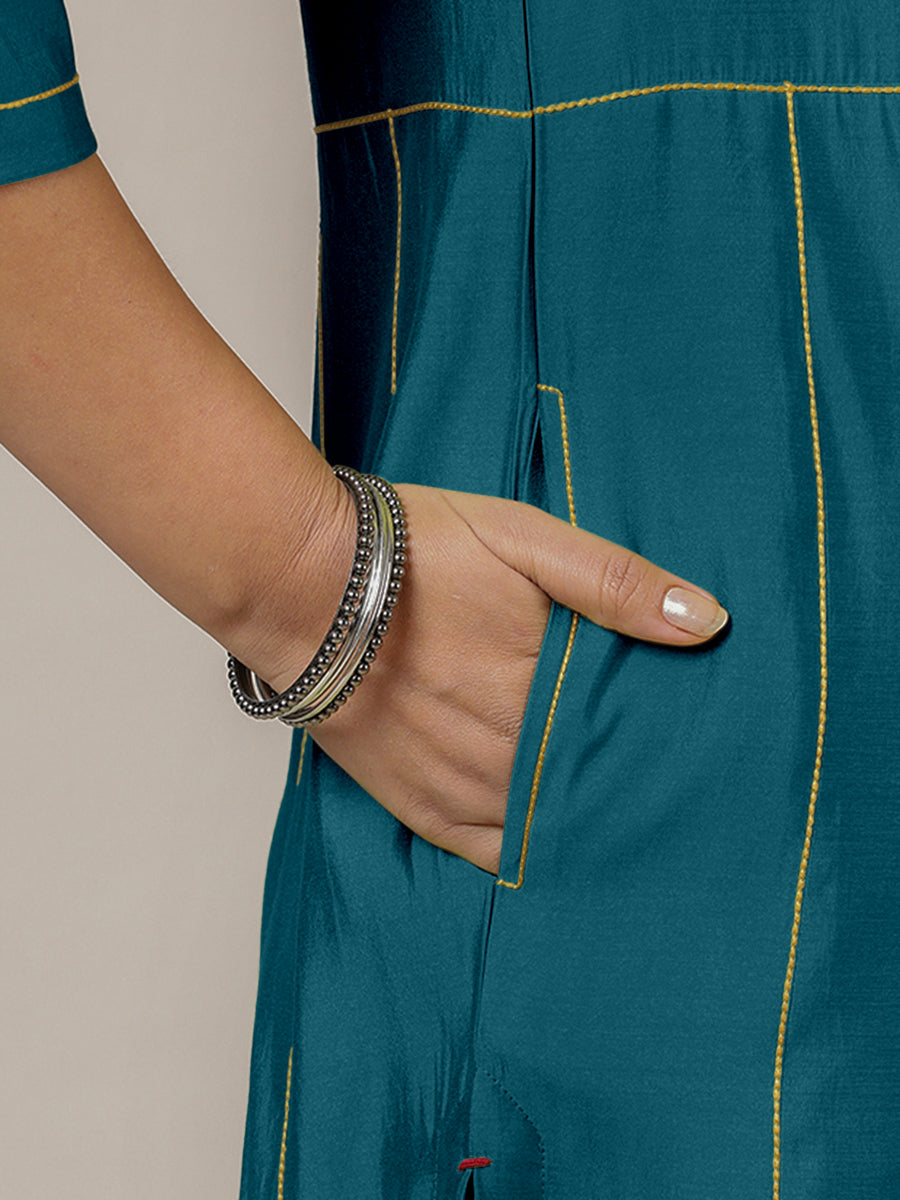 Mahi x Rozaana Kurta, in Green Viscose, featuring three quarter sleeves and round neck with splitline, made for daily & work.
