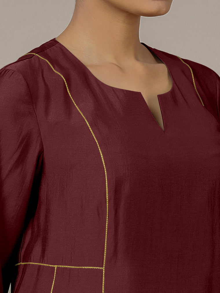 Mahi x Rozaana Kurta, in Maroon Viscose, featuring three quarter sleeves and round neck with splitline (view 3).