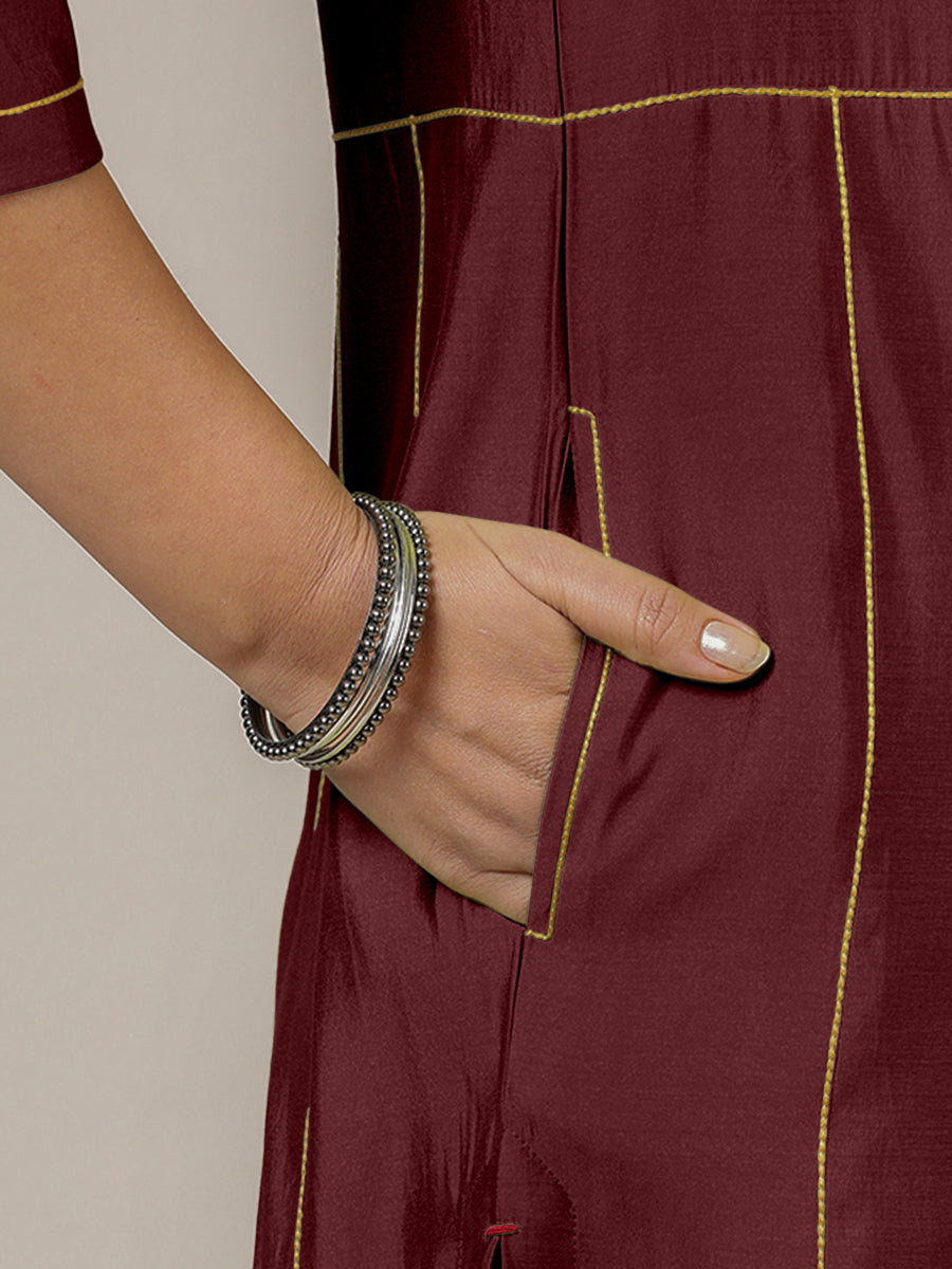 Mahi x Rozaana Kurta, in Maroon Viscose, featuring three quarter sleeves and round neck with splitline (view 4).