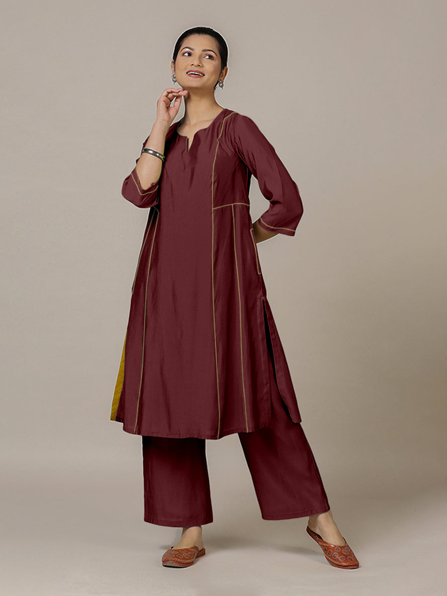 Mahi x Rozaana Kurta, in Maroon Viscose, featuring three quarter sleeves and round neck with splitline (view 6).