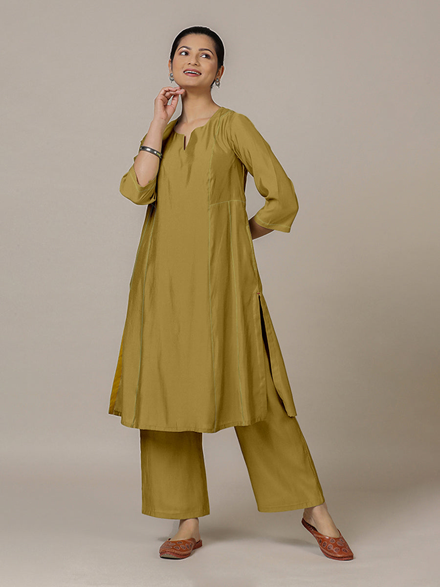 Mahi x Rozaana Kurta, in Yellow Viscose, featuring three quarter sleeves and round neck with splitline (view 6).