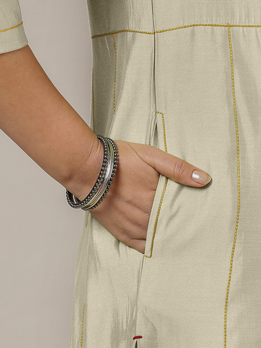 Mahi x Rozaana Kurta, in Cream Viscose, featuring three quarter sleeves and round neck with splitline, made for daily & work.