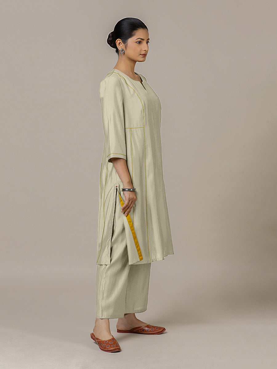 Mahi x Rozaana Kurta, in Cream Viscose, featuring three quarter sleeves and round neck with splitline, made for daily & work.