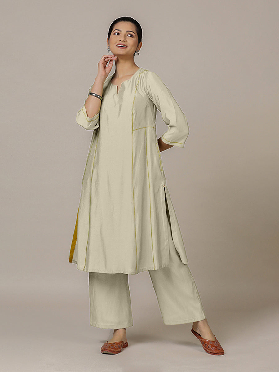 Mahi x Rozaana Kurta, in Cream Viscose, featuring three quarter sleeves and round neck with splitline, made for daily & work.