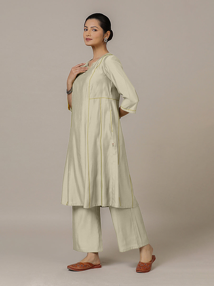 Mahi x Rozaana Kurta, in Cream Viscose, featuring three quarter sleeves and round neck with splitline, made for daily & work.