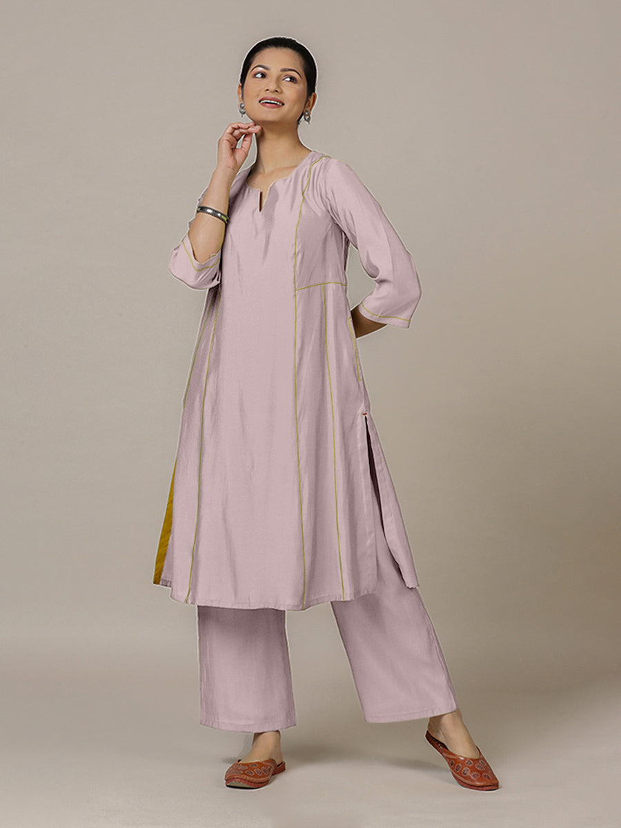 Mahi x Rozaana Kurta, in Purple Viscose, featuring three quarter sleeves and round neck with splitline (view 7).