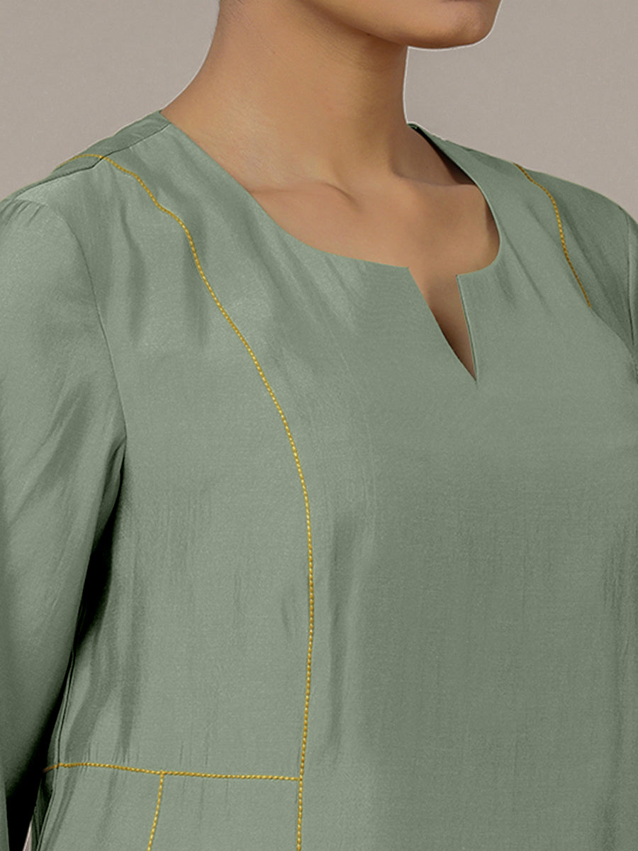 Mahi x Rozaana Kurta, in Green Viscose, featuring three quarter sleeves and round neck with splitline, made for daily & work.