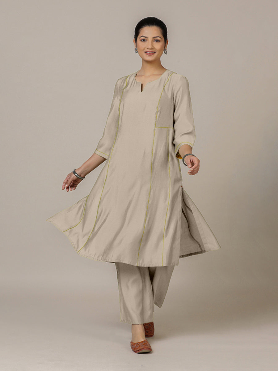 Mahi x Rozaana | A Line Kurta in Oyster Grey with Thread Work | Coords or Only Kurta