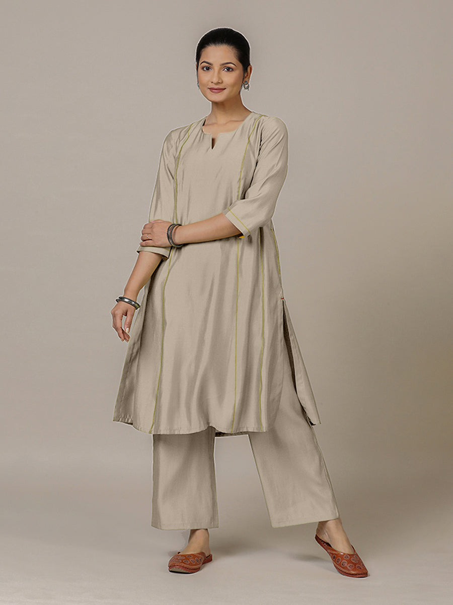 Mahi x Rozaana Kurta, in Grey Viscose, featuring three quarter sleeves and round neck with splitline, made for daily & work.
