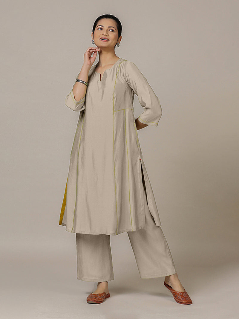 Mahi x Rozaana | A Line Kurta in Oyster Grey with Thread Work | Coords or Only Kurta-Binks