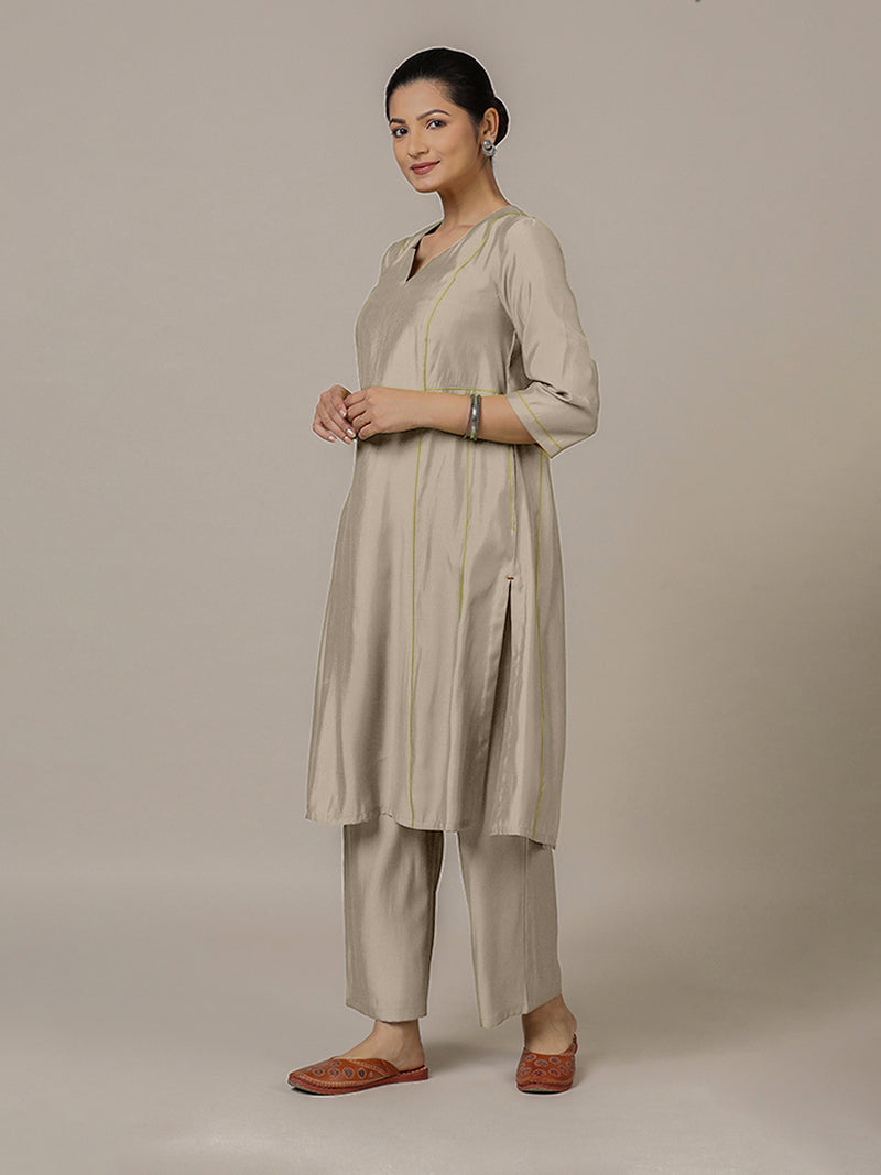 Mahi x Rozaana | A Line Kurta in Oyster Grey with Thread Work | Coords or Only Kurta-Binks