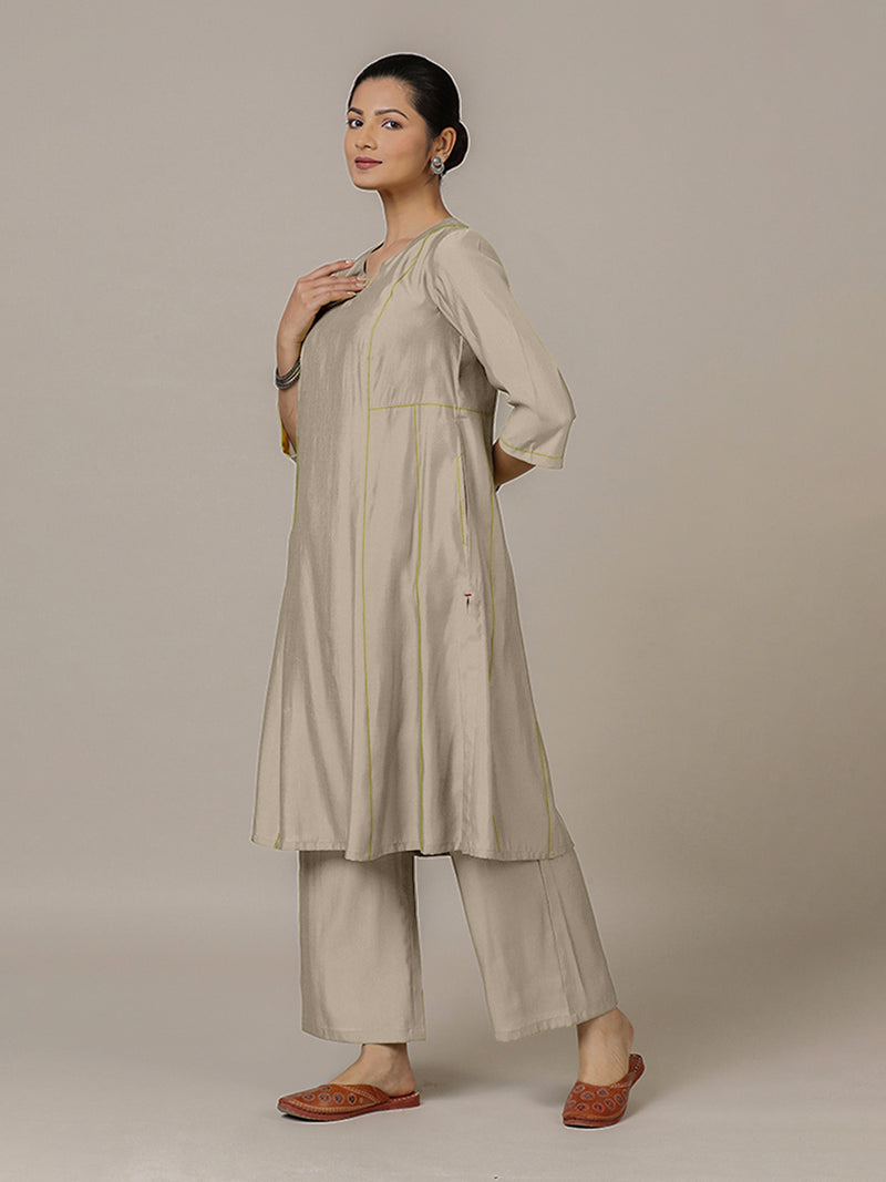 Mahi x Rozaana | A Line Kurta in Oyster Grey with Thread Work | Coords or Only Kurta-Binks