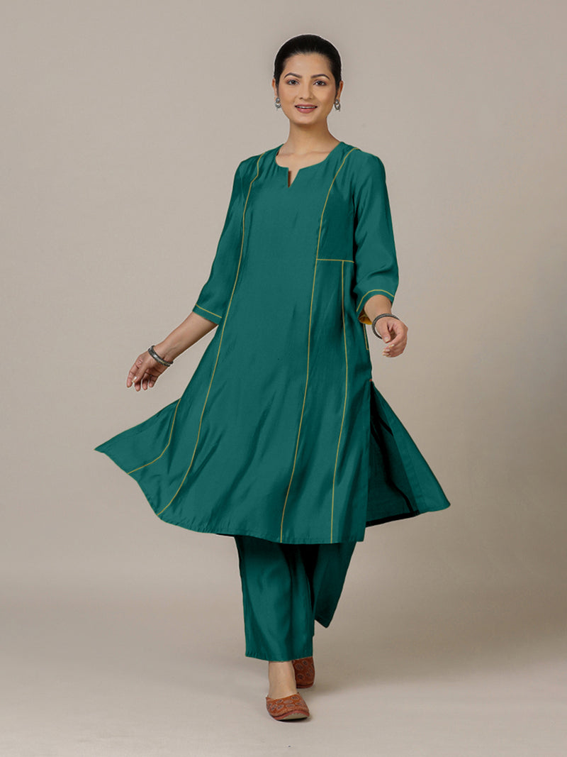 Mahi x Rozaana | A Line Kurta in Peacock Green with Thread Work | Coords or Only Kurta-Binks