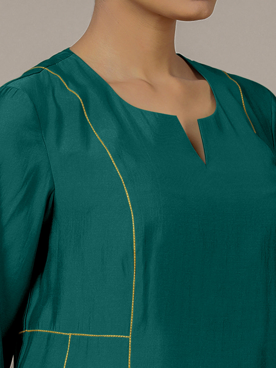 Mahi x Rozaana Kurta, in Green Viscose, featuring three quarter sleeves and round neck with splitline, made for daily & work.