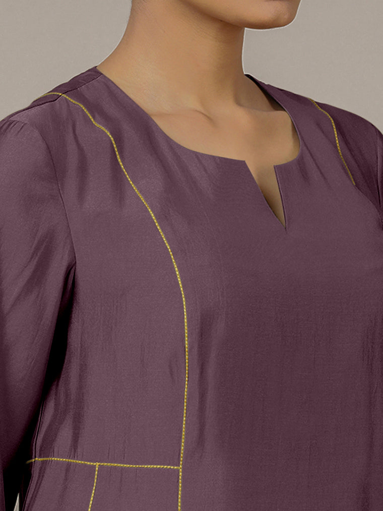 Mahi x Rozaana Kurta, in Purple Viscose, featuring three quarter sleeves and round neck with splitline (view 3).