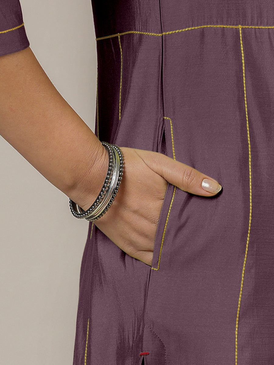Mahi x Rozaana Kurta, in Purple Viscose, featuring three quarter sleeves and round neck with splitline (view 4).