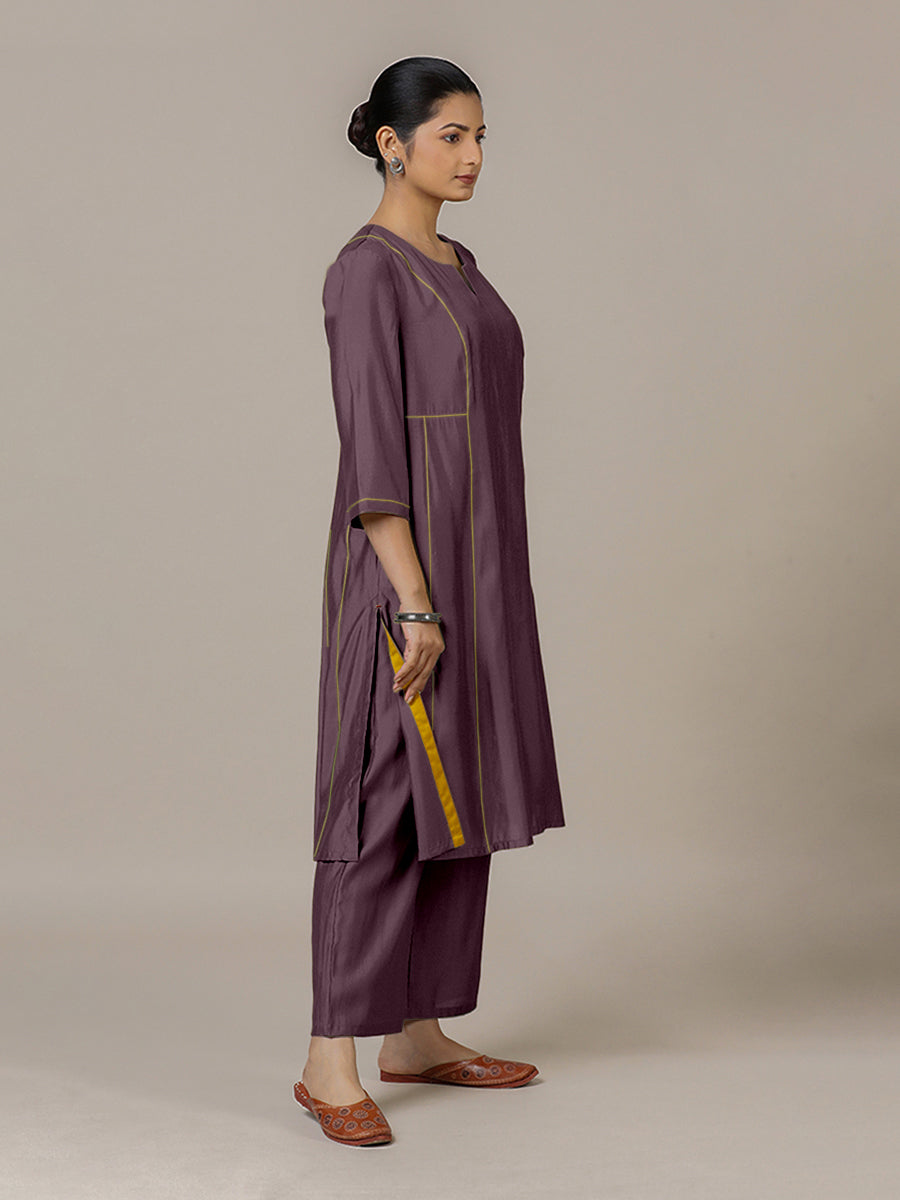 Mahi x Rozaana Kurta, in Purple Viscose, featuring three quarter sleeves and round neck with splitline (view 5).