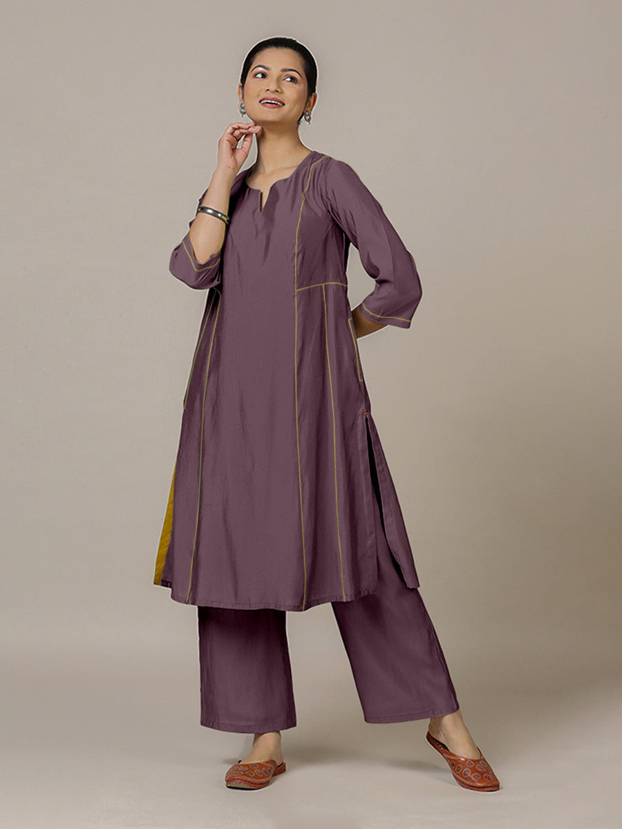 Mahi x Rozaana Kurta, in Purple Viscose, featuring three quarter sleeves and round neck with splitline (view 7).