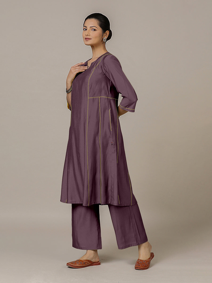 Mahi x Rozaana Kurta, in Purple Viscose, featuring three quarter sleeves and round neck with splitline (view 8).