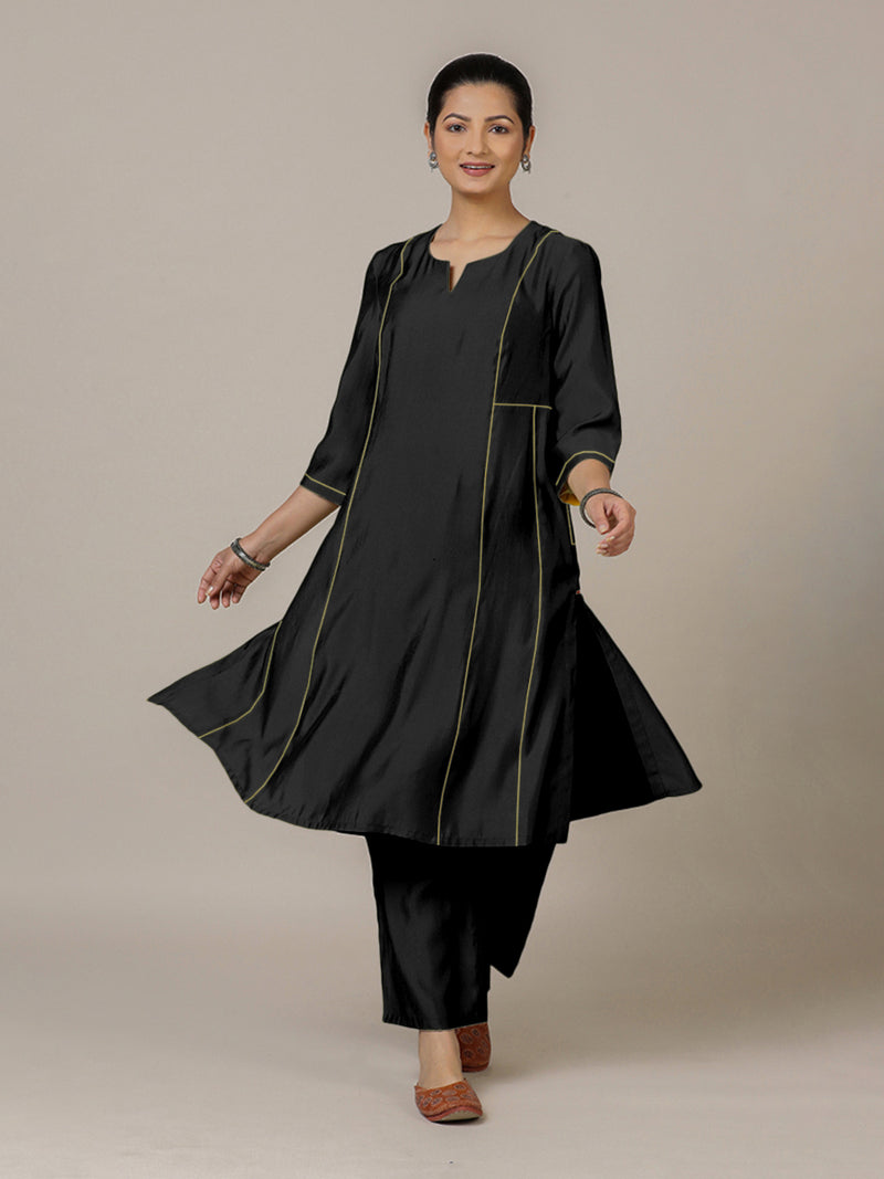 Mahi x Rozaana | A Line Kurta in Raven Black with Thread Work | Coords or Only Kurta-Binks