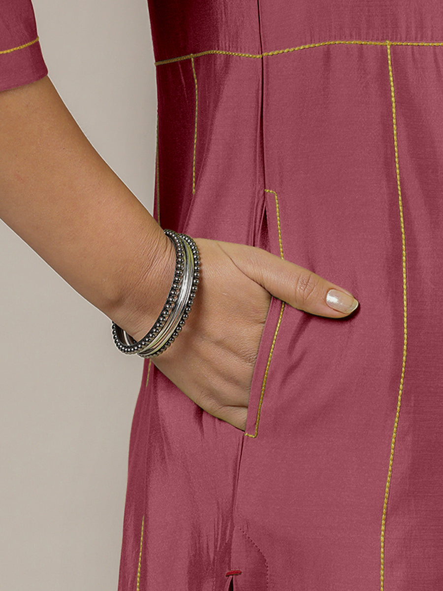 Mahi x Rozaana Kurta, in Pink Viscose, featuring three quarter sleeves and round neck with splitline, made for daily & work.
