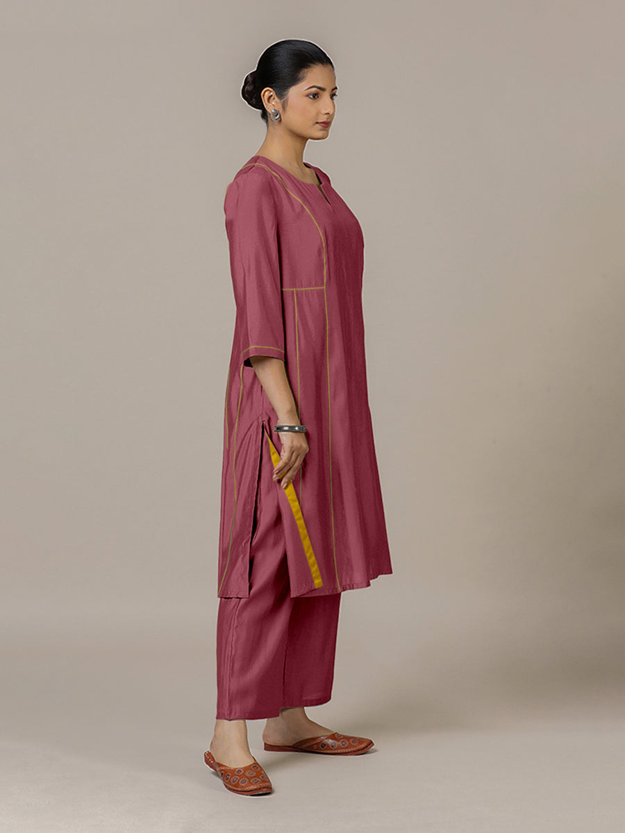 Mahi x Rozaana Kurta, in Pink Viscose, featuring three quarter sleeves and round neck with splitline, made for daily & work.