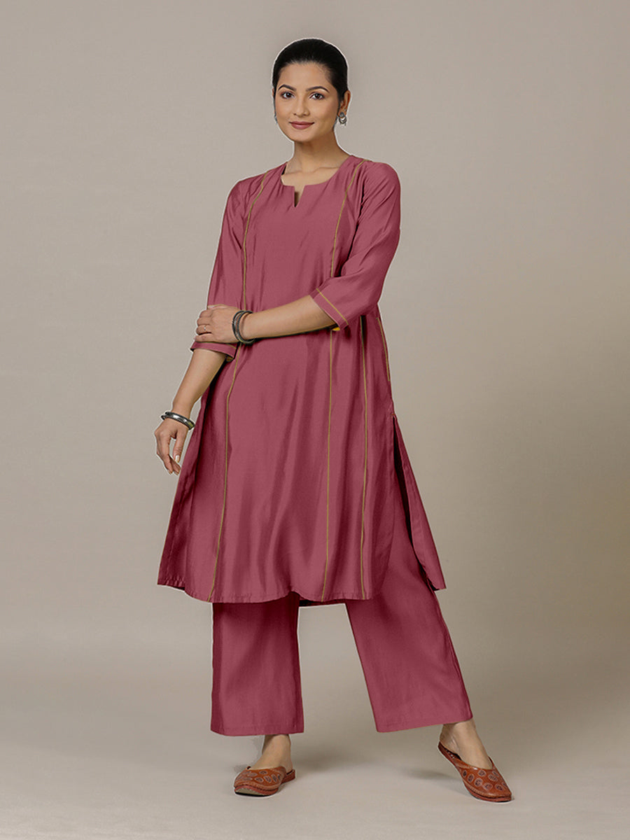 Mahi x Rozaana Kurta, in Pink Viscose, featuring three quarter sleeves and round neck with splitline, made for daily & work.
