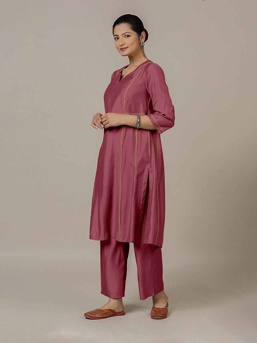 Mahi x Rozaana Kurta, in Pink Viscose, featuring three quarter sleeves and round neck with splitline, made for daily & work.