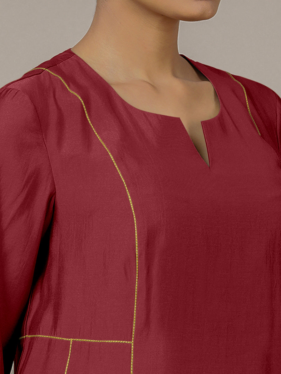 Mahi x Rozaana Kurta, in Red Viscose, featuring three quarter sleeves and round neck with splitline, made for daily & work.