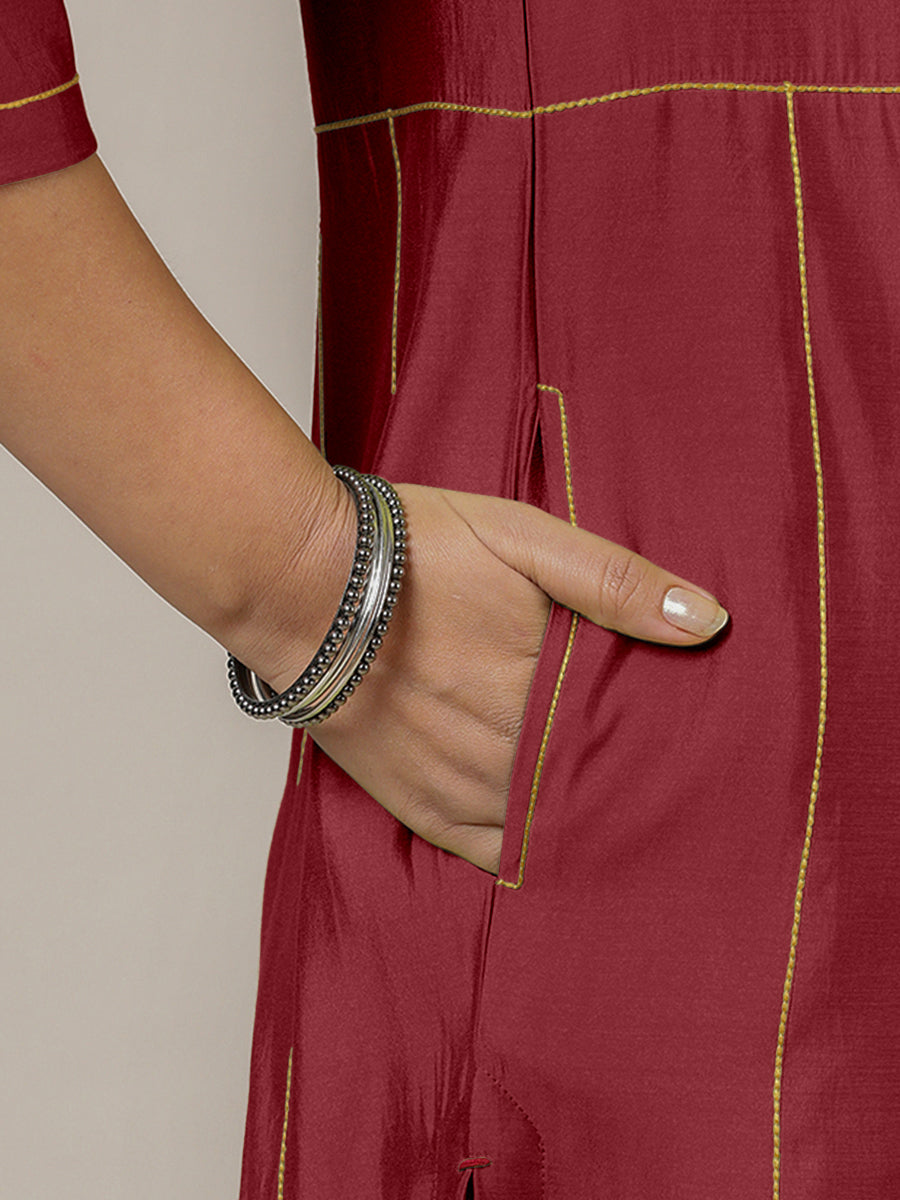 Mahi x Rozaana Kurta, in Red Viscose, featuring three quarter sleeves and round neck with splitline, made for daily & work.