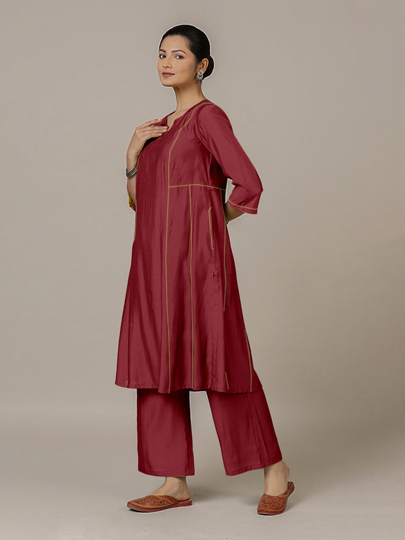 Mahi x Rozaana | A Line Kurta in Scarlet Red with Thread Work | Coords or Only Kurta-Binks