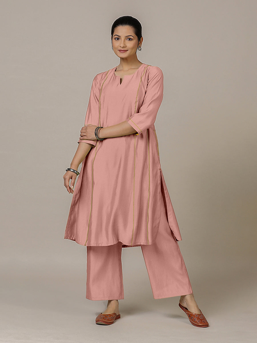 Mahi x Rozaana Kurta, in Pink Viscose, featuring three quarter sleeves and round neck with splitline, made for daily & work.