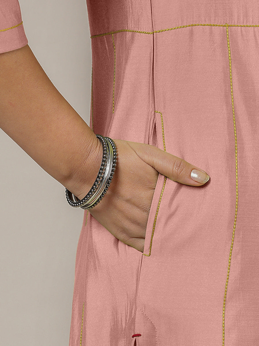 Mahi x Rozaana Kurta, in Pink Viscose, featuring three quarter sleeves and round neck with splitline, made for daily & work.