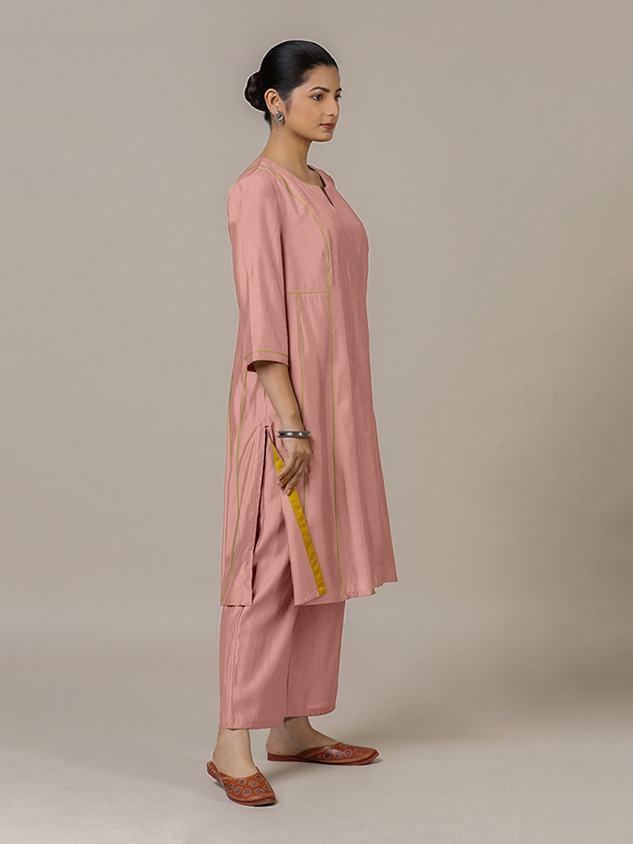 Mahi x Rozaana Kurta, in Pink Viscose, featuring three quarter sleeves and round neck with splitline, made for daily & work.