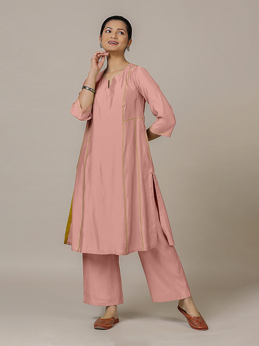 Mahi x Rozaana Kurta, in Pink Viscose, featuring three quarter sleeves and round neck with splitline, made for daily & work.