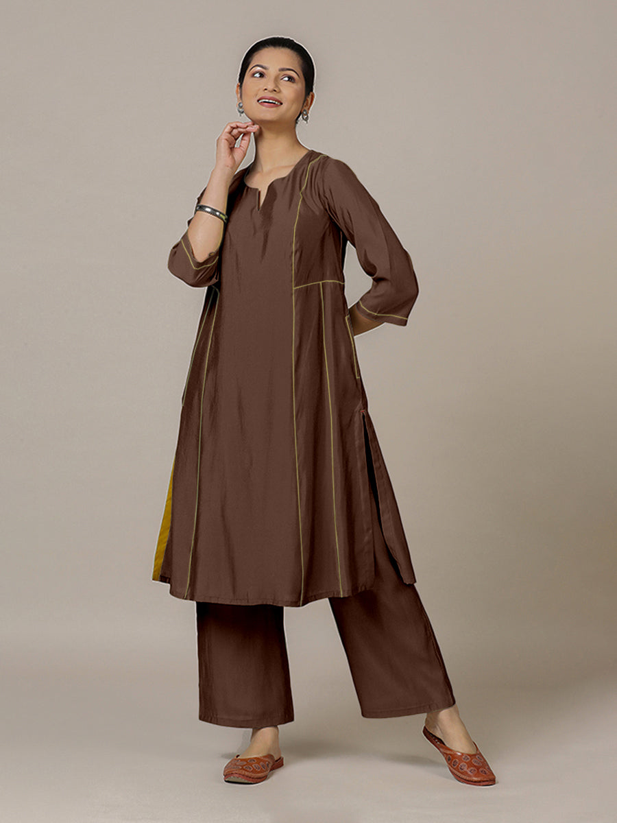 Mahi x Rozaana Kurta, in Brown Viscose, featuring three quarter sleeves and round neck with splitline, made for daily & work.