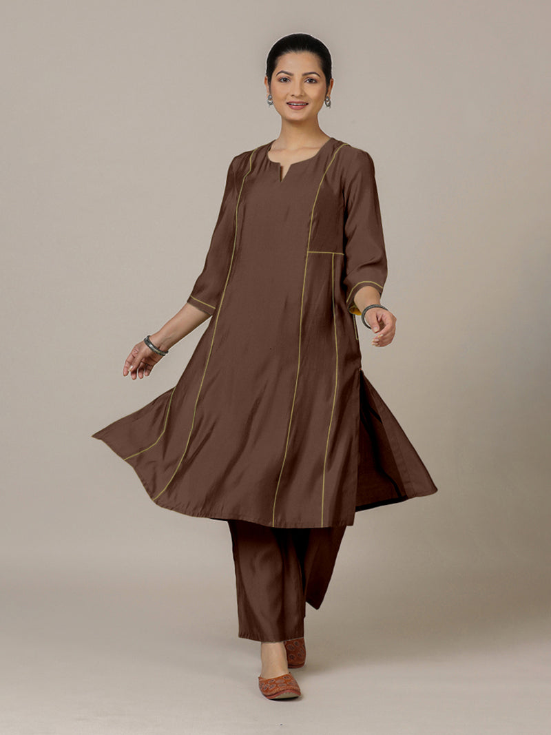 Mahi x Rozaana | A Line Kurta in Walnut Brown with Thread Work | Coords or Only Kurta-Binks