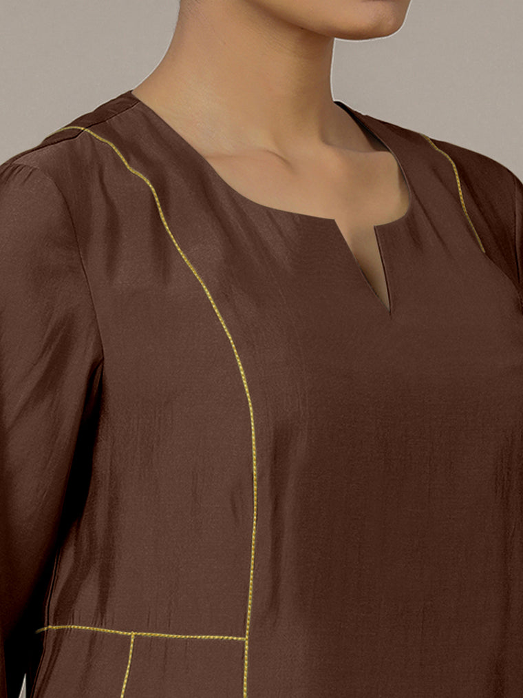 Mahi x Rozaana Kurta, in Brown Viscose, featuring three quarter sleeves and round neck with splitline, made for daily & work.