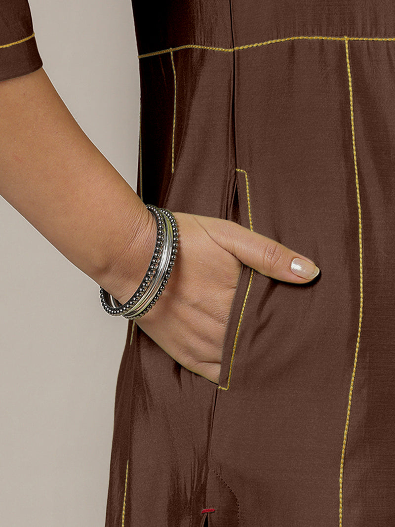 Mahi x Rozaana | A Line Kurta in Walnut Brown with Thread Work | Coords or Only Kurta-Binks