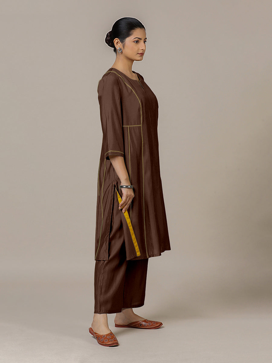 Mahi x Rozaana Kurta, in Brown Viscose, featuring three quarter sleeves and round neck with splitline, made for daily & work.